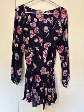 Cottagecore Silk Mini Dress Navy Size 6 Long Sleeve Purple Pink Romantic Floral